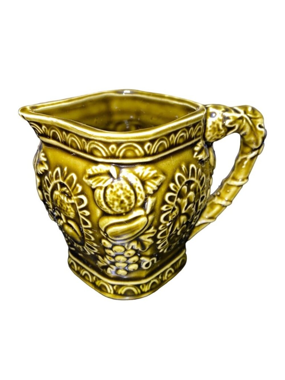 Vintage Creamer Fruit Motif Bamboo Handle Olive Green 4.5" Tall Embossed Ceramic